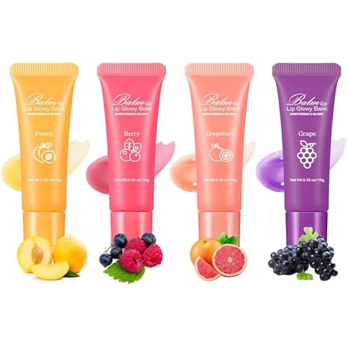 Balm 4PCS LIP BALM, FRUIT GLOWY WITH VITAMIN E, MOISTURIZING PLUMP LIP GLOWY BALM SET FOR WOMEN, REDUCE LINES, ENHANCE LIP COLOR, REPLENISHING MOISTURE AND RELIEVING DRY - Image 1